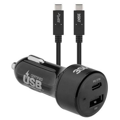 3SIXT Car Charger 27W USB-C PD + USB-C/C Cable 1m - Black (3S-1033)