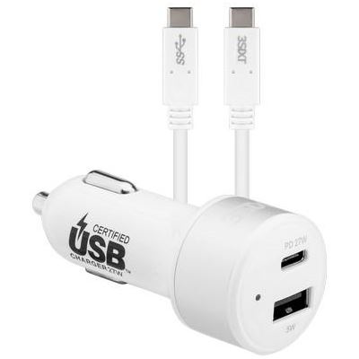 3SIXT Car Charger 27W USB-C PD + USB-C/C Cable 1m - White (3S-1034)