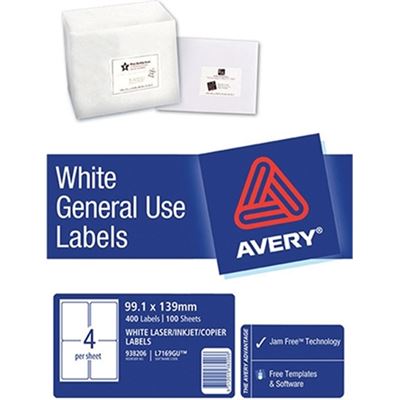 Avery L7169 General Use Labels A4 4 Labels/Sheet - 100 Sheets (938206)