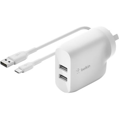 Belkin 2 PORT WALL CHARGER, 12W, USB-A (2), BOOST (WCE001AU1MWH)