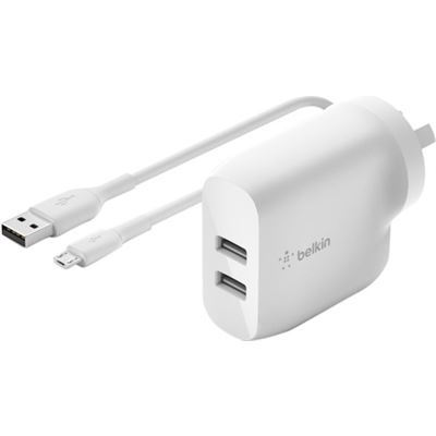 Belkin 2 PORT WALL CHARGER, 12W, USB-A (2), BOOST (WCE002AU1MWH)