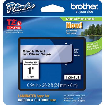 Brother TZe151 24mm x 8m Standard laminated Black on Clear (TZE151)