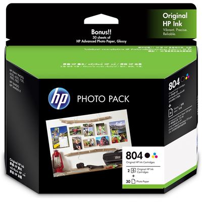 HP 804 Black/Tri-color Photo Value Pack-30 sht/4 x 6 in (2UD20AA)