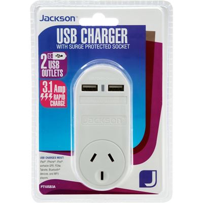 Jackson Single Plug USB Wall Charger - 2x USB Charging (PT1USB3A)