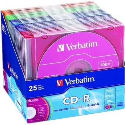 Verbatim CD-R 25pk Slim Case - Colours - 52x 80 Min P-Cyanine (94611)