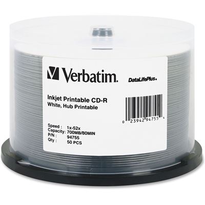 Verbatim CD-R 50pk Spindle - IJ Printable Wide - 52x 80min (94755)