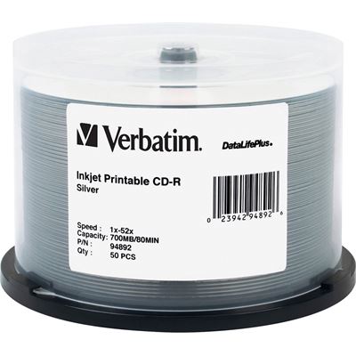 Verbatim CD-R 50pk Spindle - IJ Printable Silver - 52x 80min (94892)