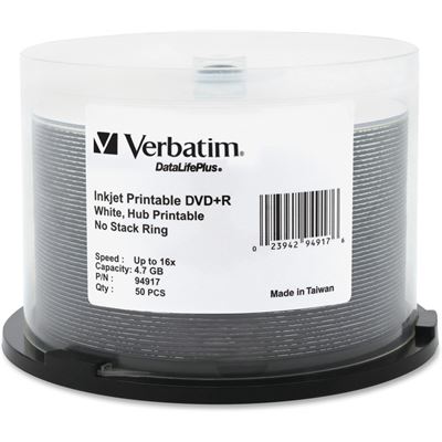 Verbatim DVD+R 4.7GB White Inkjet Wide Print 50Pk 16x (94917)