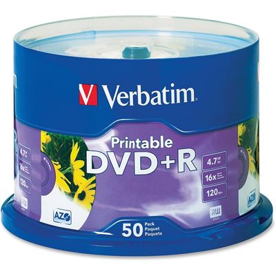 Verbatim DVD+R 50pk Spindle - InkJet Printable White - 4.7GB (95136)