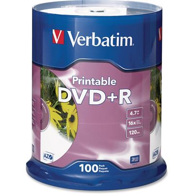 Verbatim DVD+R 100pk Spindle - InkJet Printable White - 4.7GB (95145)