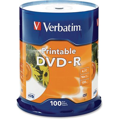 Verbatim DVD-R 100Pk Spindle - White InkJet Printable - 4.7GB (95153)