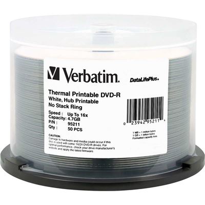 Verbatim 50pk DVD-R 4.7GB 50Pk White Wide Thermal 16x (95211)