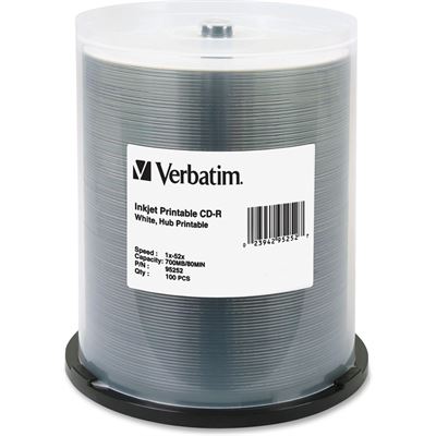 Verbatim CD-R 80Min White Wide Inkjet Printable100 Pack 52x (95252)